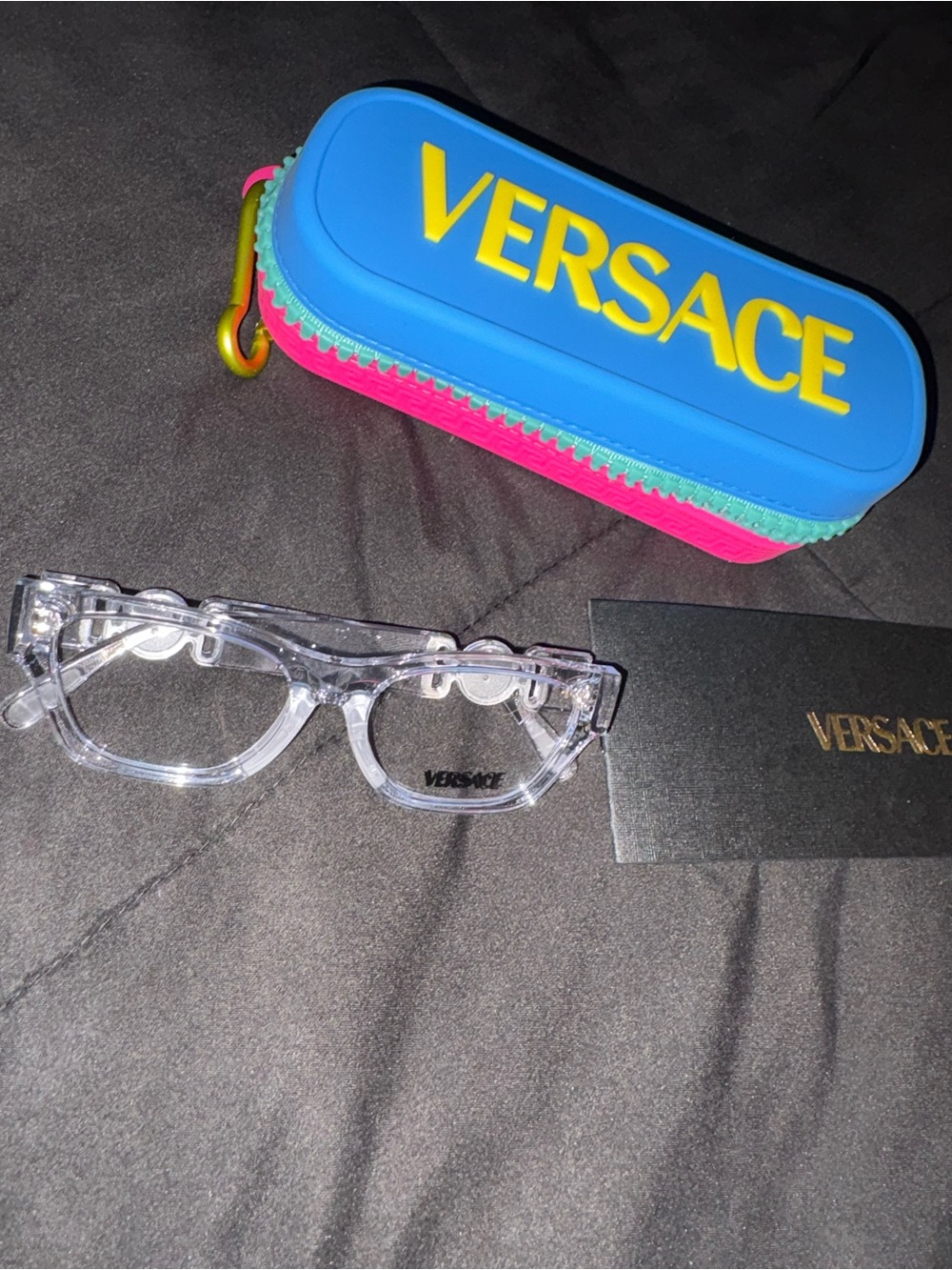 Versace Clear Frame Glasses with Blue and Pink Branded Case